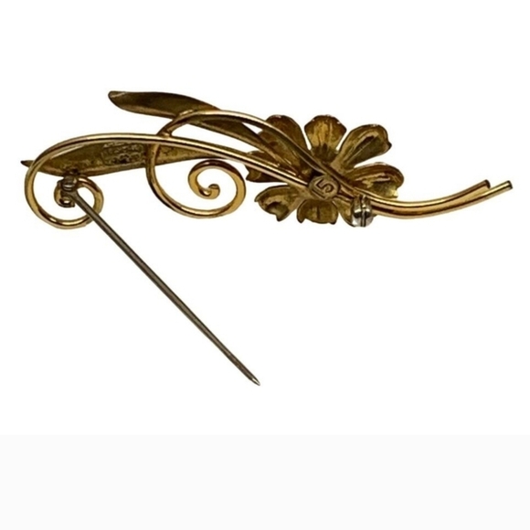 Flower Long Stem Brooch Two Tone 12KT Gold Pin Signed Van Dell Vintage - Picture 3 of 7